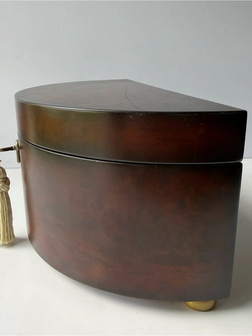 Bombay Co Half Moon Cherry Burlwood Finish Jewelry Box Tassel Key Brass Feet